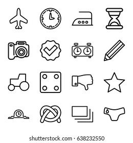 Simple icons set. set of 16 simple outline icons such as plane, children panties, dice, iron, pencil, tractor, dislike, burst, wall clock, hourglass, clock, tick, star