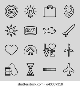 Simple icons set. set of 16 simple outline icons such as plane, necklace, soap, love word, heart, home, fish, 24 hours, bulb, sunbed, hourglass, smoking can, rocket bomb, mill