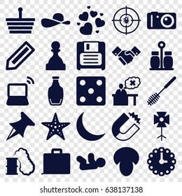 Simple icons set. set of 25 simple filled icons such as mushroom, pencil, baby, dice, toilet brush, heart, laptop, diskette, teacher, dna, bottle, handshake, crescent, camera