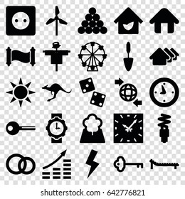Simple icons set. set of 25 simple filled icons such as scarecrow, kangaroo, house, plug socket, trowel, qround the globe, engagement rings, home, flash, tree, key, eco house