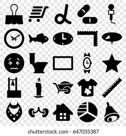 Simple icons set. set of 25 simple filled icons such as ruler, wrist watch, necklace, toilet, dirty laundry, pie chart, upset emot, wheelbarrow, pill, kidney, luggage cart