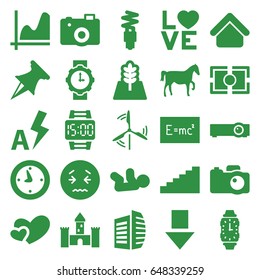 Simple icons set. set of 25 simple filled icons such as house building, baby, business center, upset emot, love word, heart, camera, camera focus, auto flash, tree
