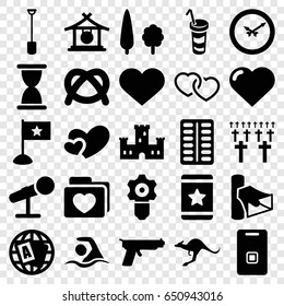 Simple icons set. set of 25 simple filled icons such as kangaroo, gong, castle, heart, globe, star, drink, shovel, pill, folder with heart, volume, door ringer, microphone