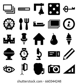 Simple icons set. set of 25 simple filled icons such as pear, ticket, house building, ferris wheel, castle, triangle ruler, photos, fork and spoon, dice, pencil, ice cream