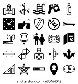 Simple icons set. set of 25 simple filled and outline icons such as heart key, swimming pool, sunbed, landscape, hourglass, clock, cpu in head, triangle ruler, bottle, camera