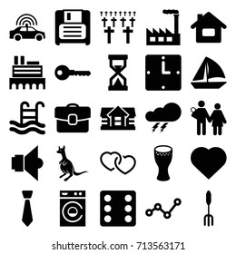 Simple icons set. set of 25 simple filled icons such as kangaroo, police car, thunder, castle, house, hearts, dice, washing machine, key, sailboat, pitchfork, heart, diskette