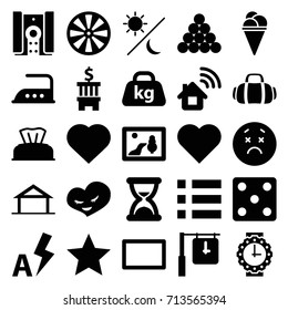 Simple icons set. set of 25 simple filled icons such as home, baby napkin, hearts, dice, iron, upset emot, ice cream, weight, heart, burst, auto flash, camera, sport bag