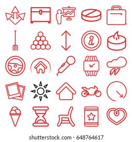 Simple icons set. set of 25 simple outline icons such as thunder, house building, chest, star, ice cream, pitchfork, outdoor chair, pill, heart, case, candle, photo, home