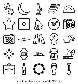 Simple icons set. set of 25 simple outline icons such as plane, house, dice, bucket, shovel, luggage cart, camera, case, crescent, drum, bell, bulb, flippers, swimmer, router