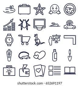 Simple icons set. set of 25 simple outline icons such as police car, hedgehog, beetle, cangaroo, ruler, bottle, pool, wallet, trowel, heart, remote control, display