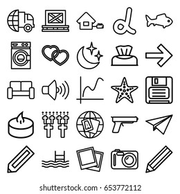 Simple icons set. set of 25 simple outline icons such as pencil, baby napkin, globe, washing machine, pool, cargo on palette, heart, volume, diskette, candle, photo