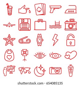 Simple icons set. set of 25 simple outline icons such as plane, opened lock, pin, baby bid, wrist watch, eye, pllaying card, iron, drink, pool, heart, remote control, diskette
