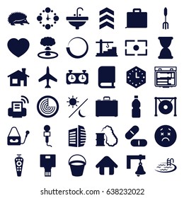 Simple icons set. set of 36 simple filled icons such as bucket, hedgehog, plane, radar, house building, pool, business center, sink, upset emot, pitchfork, pill, heart
