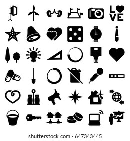 Simple icons set. set of 36 simple filled icons such as bucket, dice, clean house, tablet, ruler, shovel, pill, kidney, qround the globe, heart, love word, volume, laptop