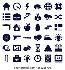 Simple icons set. set of 36 simple filled icons such as hedgehog, house building, ruler, iron, washing machine, clean house, tablet, baseball cap, upset emot, pizza, apple