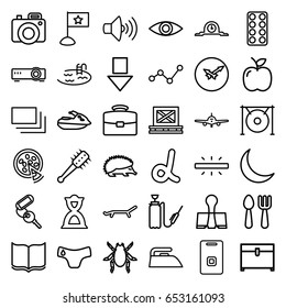 Simple icons set. set of 36 simple outline icons such as plane, hedgehog, beetle, children panties, fork and spoon, pool, key, iron, chest, book, harden hose, pill