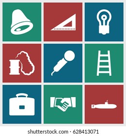 Simple icons set. set of 9 simple filled icons such as bulb, ruler, ladder, handshake, bell, smoking can, submarine, microphone