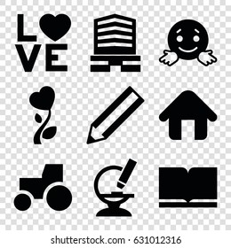 Simple icons set. set of 9 simple filled icons such as business center, pencil, tractor, confused emot, love word, heart flower, microscope, home