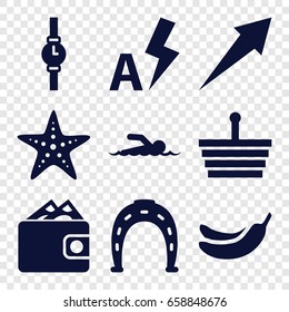 Simple icons set. set of 9 simple filled icons such as horseshoe, banana, auto flash, starfish, swimmer, wrist watch, wallet, arrow