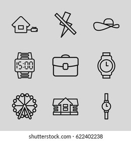 Simple icons set. set of 9 simple outline icons such as Ferris wheel, house, no flash, home, case, sun hat, wrist watch