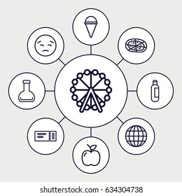 Simple icons set. set of 9 simple outline icons such as ticket, ferris wheel, bottle, ice cream, pizza, apple, upset emot