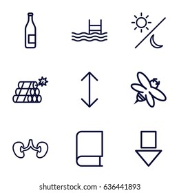 Simple icons set. set of 9 simple outline icons such as bee, kidney, pool, arrow, sun and moon, dynamite, arrow down, book