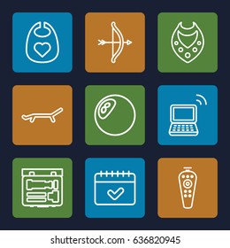 Simple icons set. set of 9 simple outline icons such as baby bid, necklace, calendar, remote control, laptop, camera, sun, bow