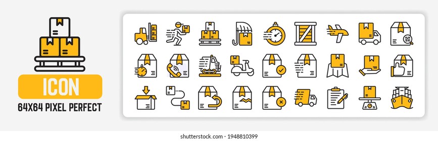 Simple Icons Set of Courier Vector in Yellow Flat design. 64x64 Pixel Perfect