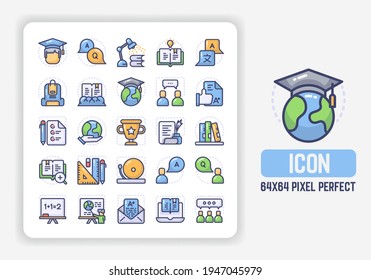 Simple Icons Set of Education Vector in filled line design. 64x64 Pixel Perfect