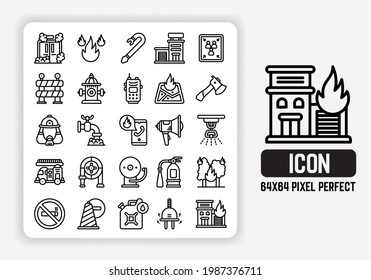 Simple Icons Set of Fire Fighter Equipment Vector Illustration in Outline flat design. 64x64 Pixel Perfect