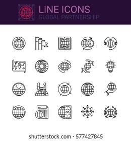 Simple icons set of Global Partnership and Connection in line style