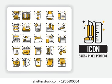 Simple Icons Set of Office Equipment in Yellow flat design. 64x64 Pixel Perfect