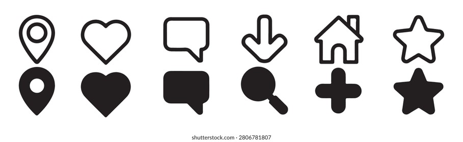 Simple icons set representing navigation, love, communication, and home. Both outline and solid versions included.