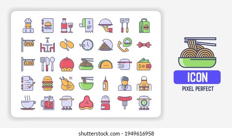 Simple Icons Set of Restaurant Vector in Filled line flat design. Pixel Perfect Vector Illustration