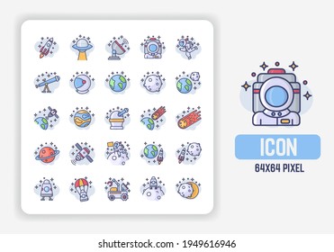 Simple Icons Set of Space and Planets Vector in Filled line design. Vector Flat Illustration