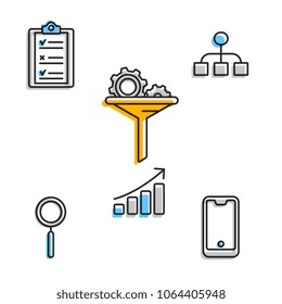 Simple icons in set with theme of business process giving results with use of technology. 