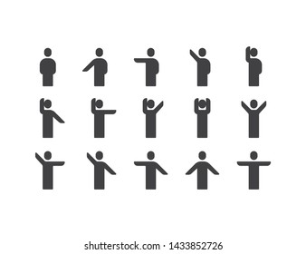 Simple Icons set of various human or person arms movement or posing in different action. such as wave, stretching, Hand up and down, pointing to left and right. Modern Pictograms Illustration design.