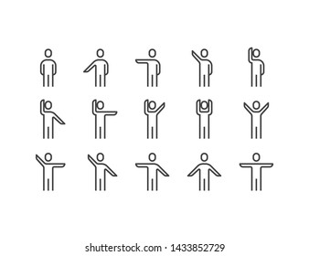 Simple Icons set of various human or person arms movement or posing in different action. such as wave, stretching, Hand up and down, pointing to left and right. Modern Pictograms Illustration design.