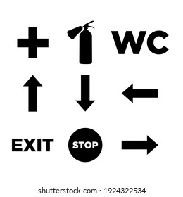 Simple icons set Vector illustration in flat design Black icons with stop signal, arrows, wc sign and other pictogram isolated on white background