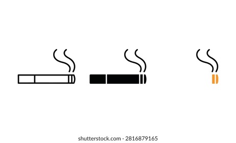 Simple icons showing a regular cigarette an electronic cigarette and a lit cigarette with smoke