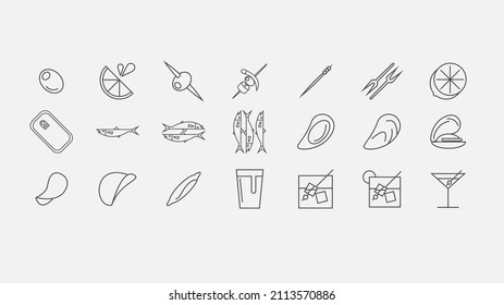 Simple icons of Spanish or Mediterranean appetizer with seafood, potatoes, olives, vermouth and beer in the sun.	