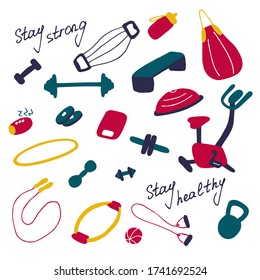 Simple icons of sports goods and accessories. Fitness at home, home workout. Flat vector illustration