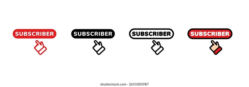 Simple icons of a subscribe button and a clicking hand. includes color and outline versions.
