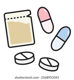 Simple icons of tablets, capsules, and powder medicine