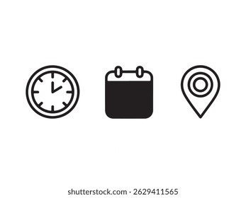 Simple icons for time, date, and location for a digital interface.