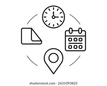 Simple icons for time, date, and location for a digital interface.