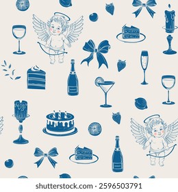 Simple icons for Valentine's Day seamless pattern. Doodle icons Cupid, hearts, wine, bows, cherry.