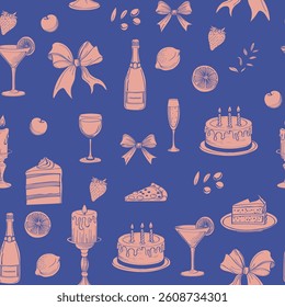 Simple icons for Valentine's Day seamless pattern. Doodle icons Cupid, hearts, wine, bows, cherry.