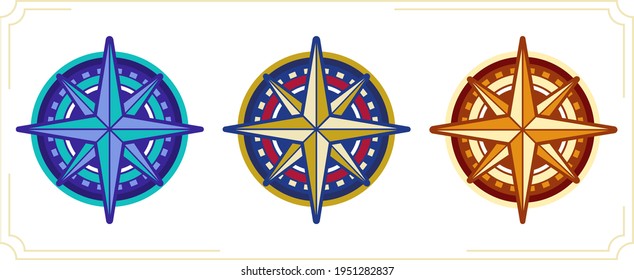 Simple icons of vintage compasses in different colors