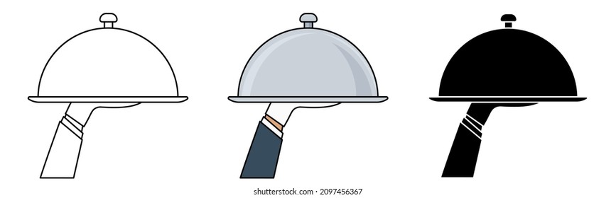 Simple icons of waiter hand holding empty serving tray with cloche. Outline, colorful and glyph vector flat illustration
